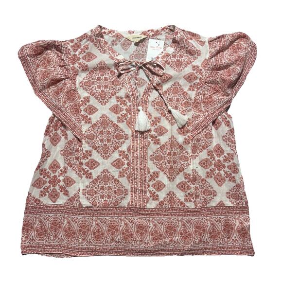New Lucky Brand Flutter Sleeve Tassle Boho Print Blouse SZ L $70 - Picture 1 of 5